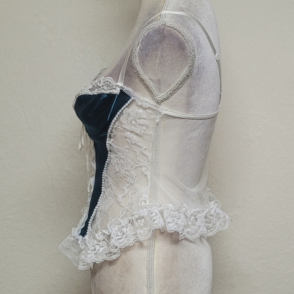 Frederick's Of Hollywood Vintage White Lace Teal Satin Lace-up Corset Lingerie S - Picture 6 of 12